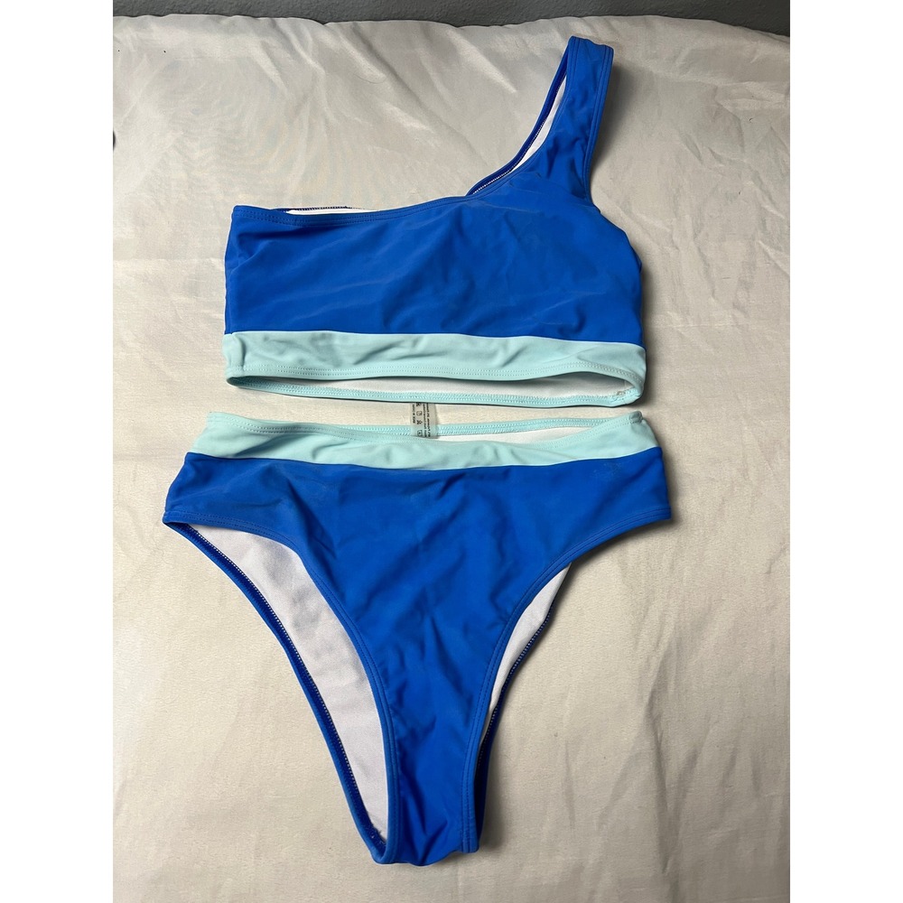One Shoulder High Waisted Bikini Set Blue Mint Green Colorblock Small Trendy